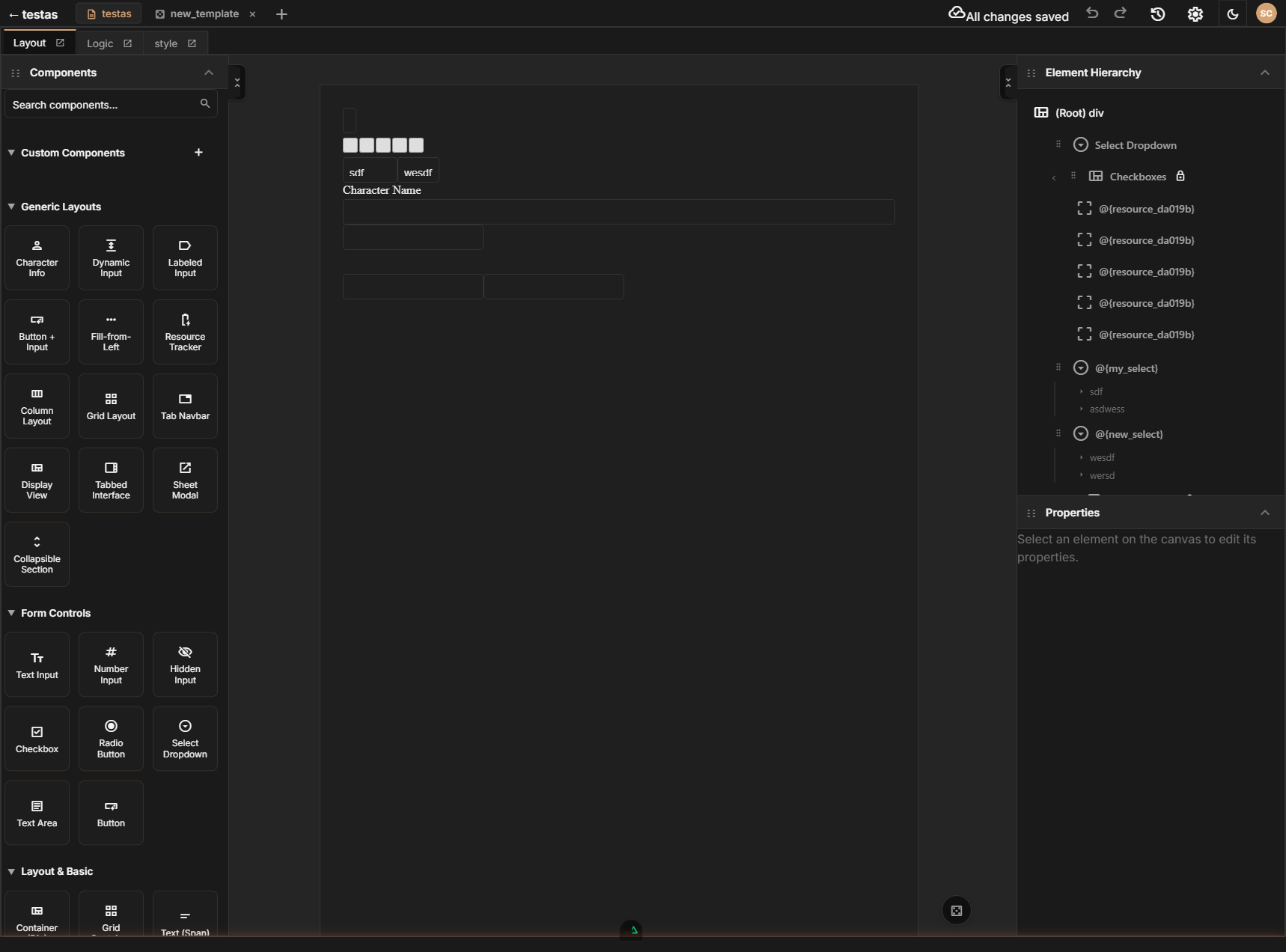 The Layout Editor with all four panels: Component Sidebar, Element Hierarchy, Canvas, and Property Inspector