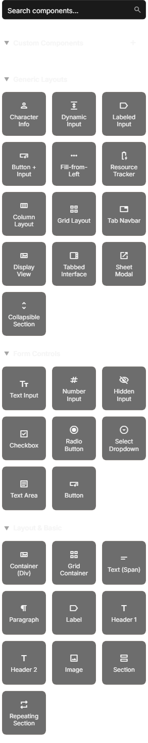 The Component Sidebar showing Custom Components, Generic Layouts, and Form Controls groups