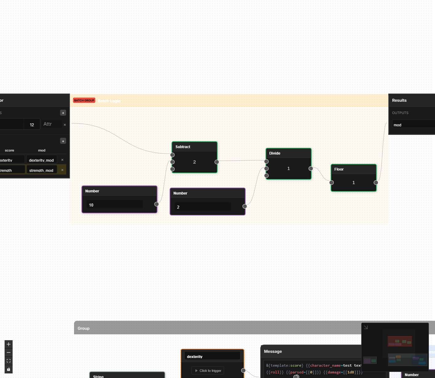 A Batch Processor group containing connected math nodes inside the Batch Logic region, with a Processor panel and Results output