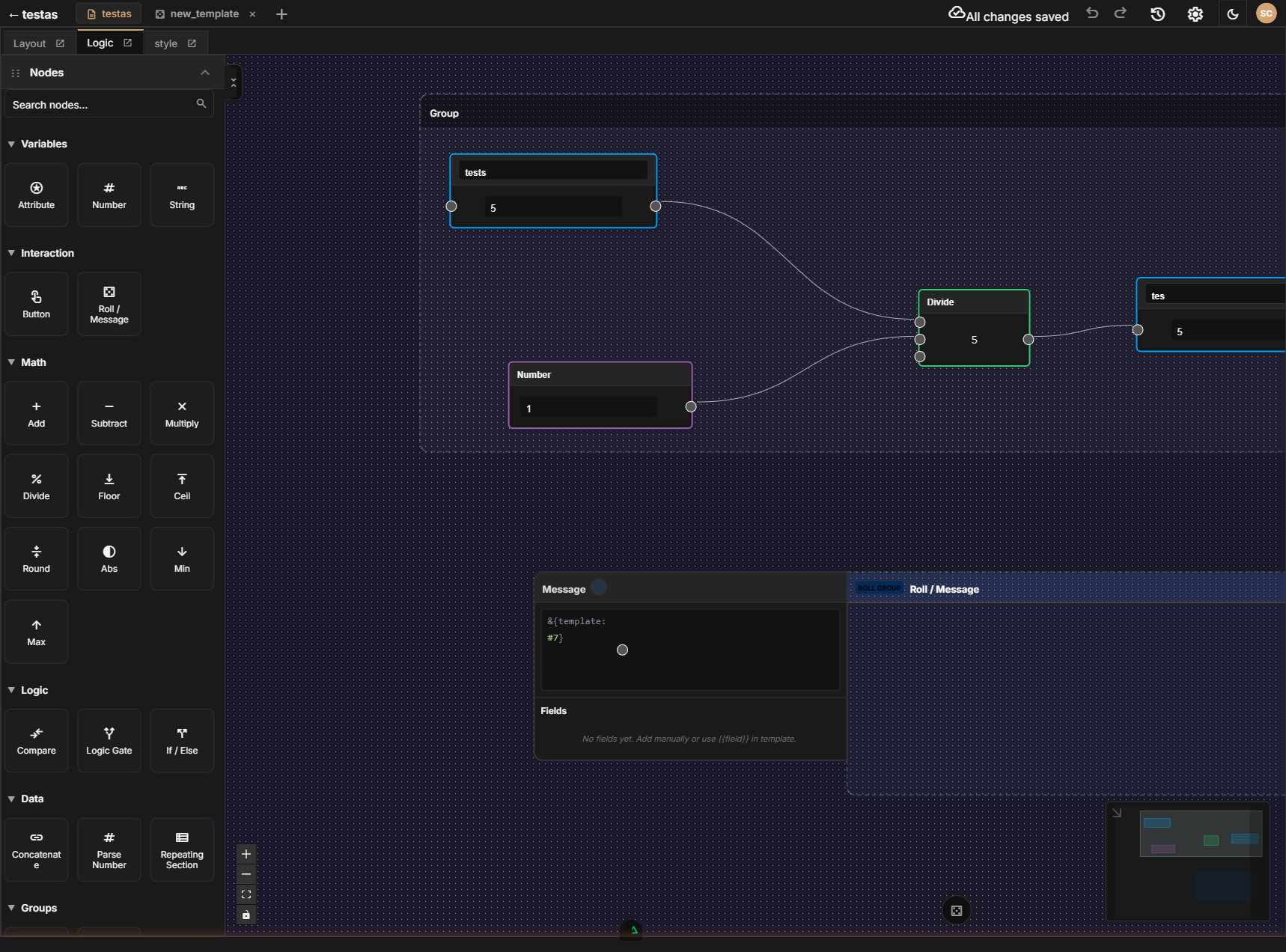 The Logic Editor showing nodes connected on an infinite canvas with the node sidebar on the left