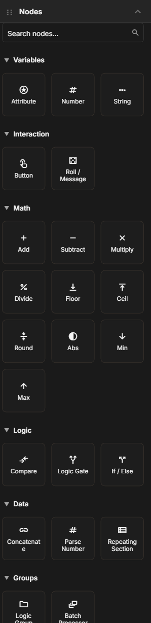 The node browser sidebar showing all node categories — Variables, Interaction, Math, Logic, Data, and Groups — with their node tiles